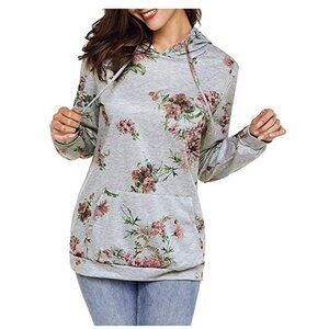 Casual Long Sleeve Floral Hoodie Sweatshirts Pullover with Kangaroo Pockets XL